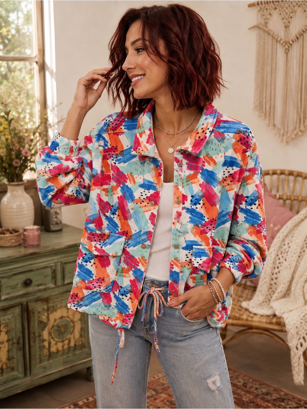173 NWT Emily Wonder Multi-Color Abstract Corduroy Jacket Oversized Small